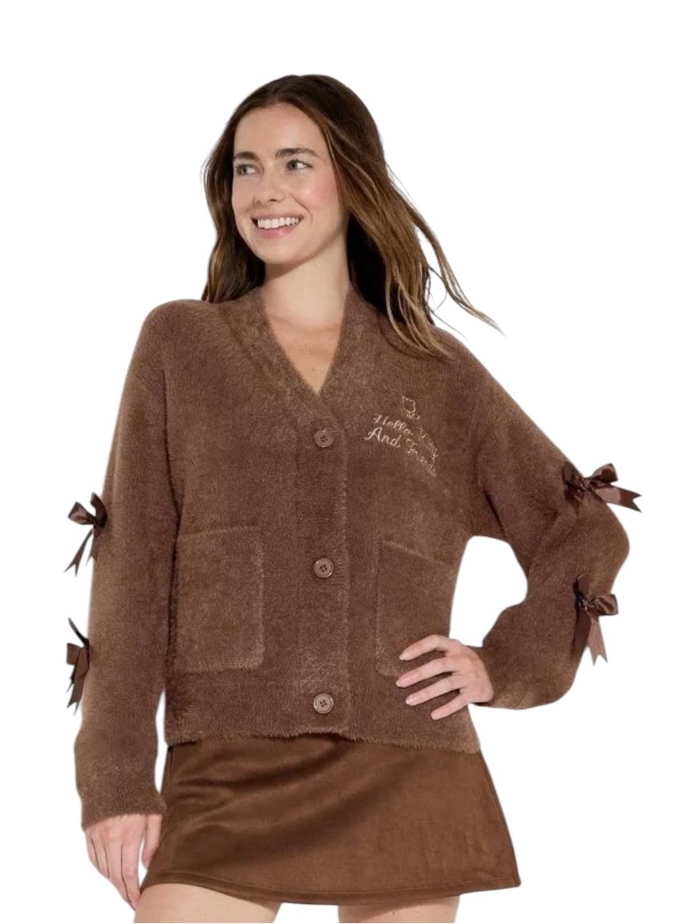 Sanrio Hello Kitty and Friends Brown Fuzzy Cardigan Ribbon Bows Sweater Large